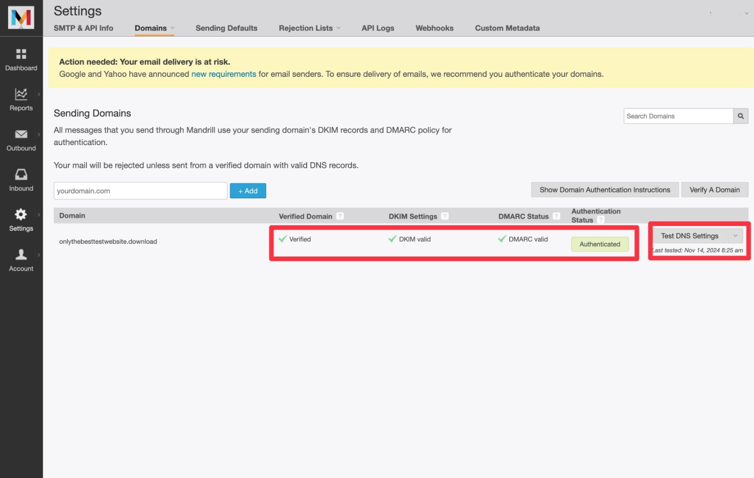 Success interface for adding WordPress domain to Mailchimp Transactional