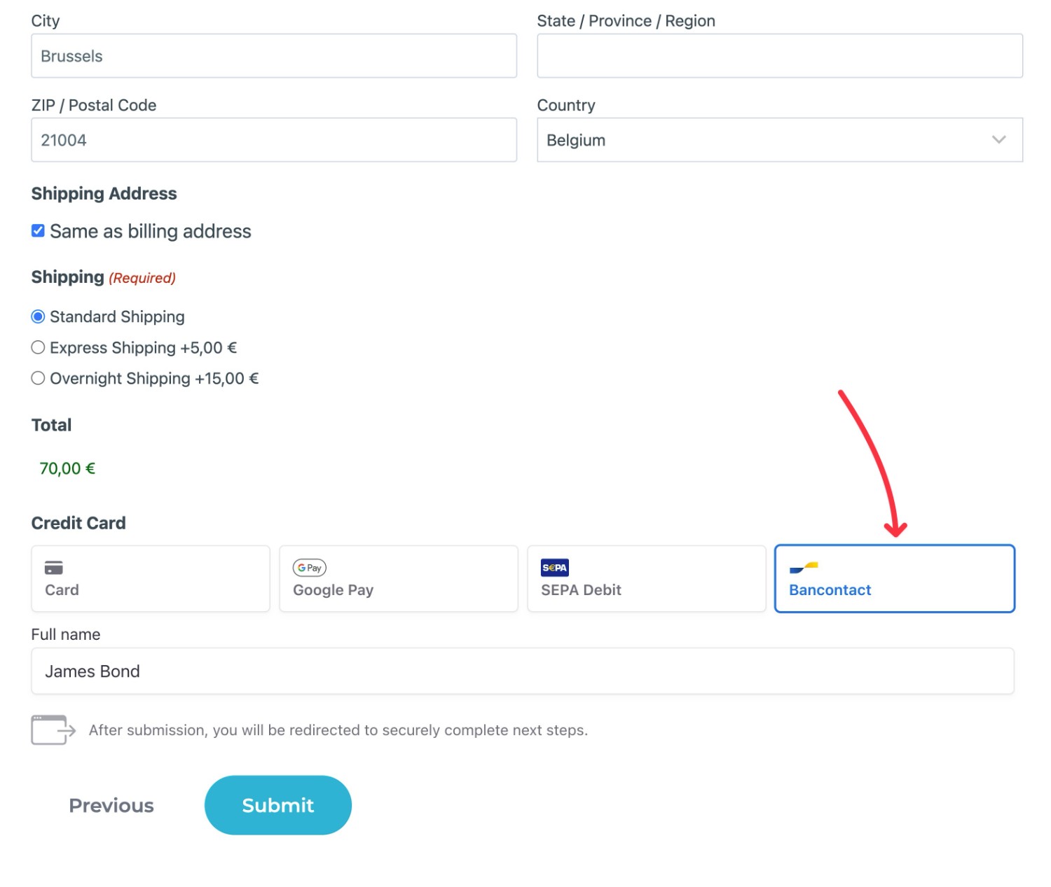 Example of WordPress Bancontact payment form