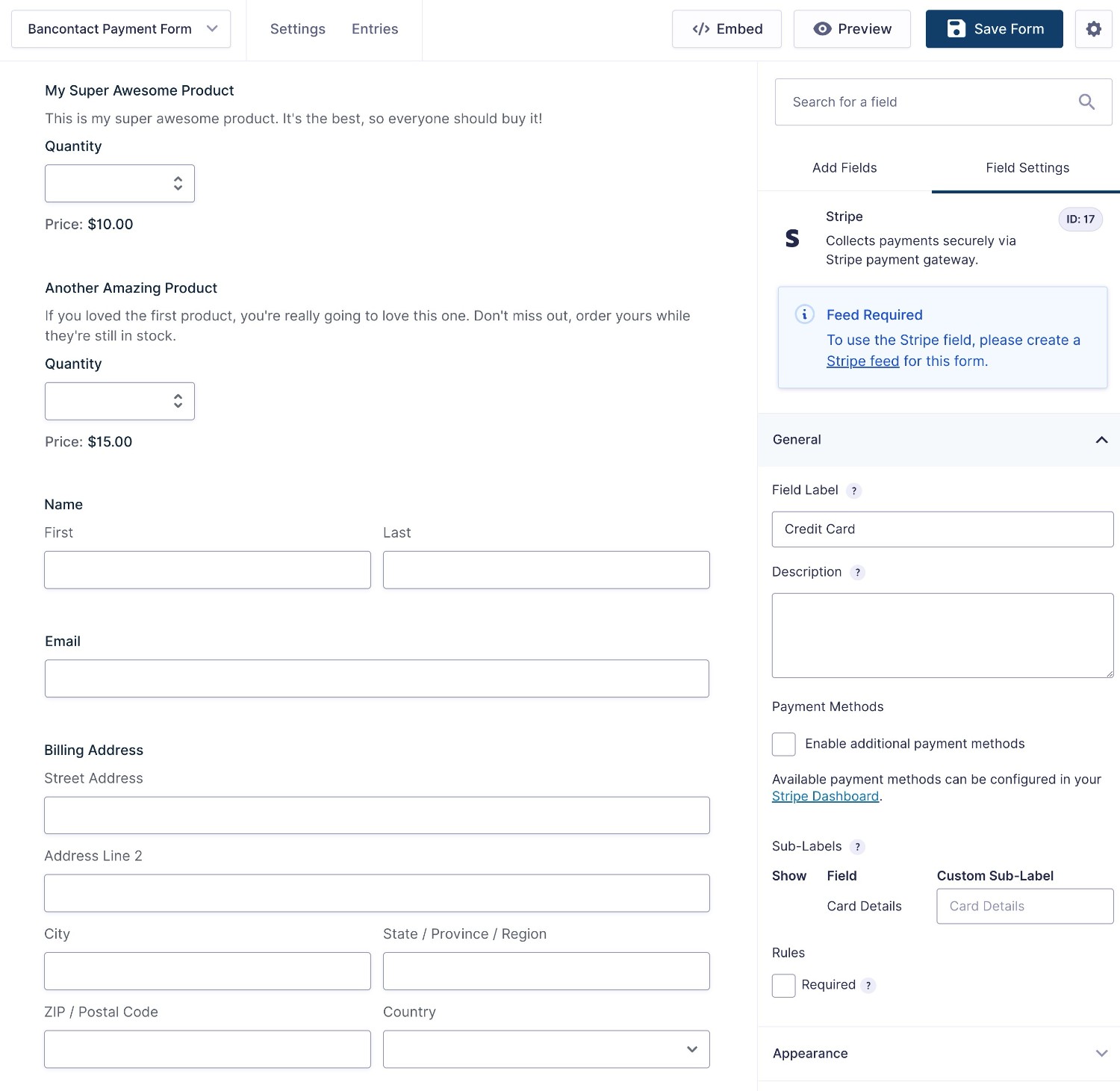 The WordPress payment form