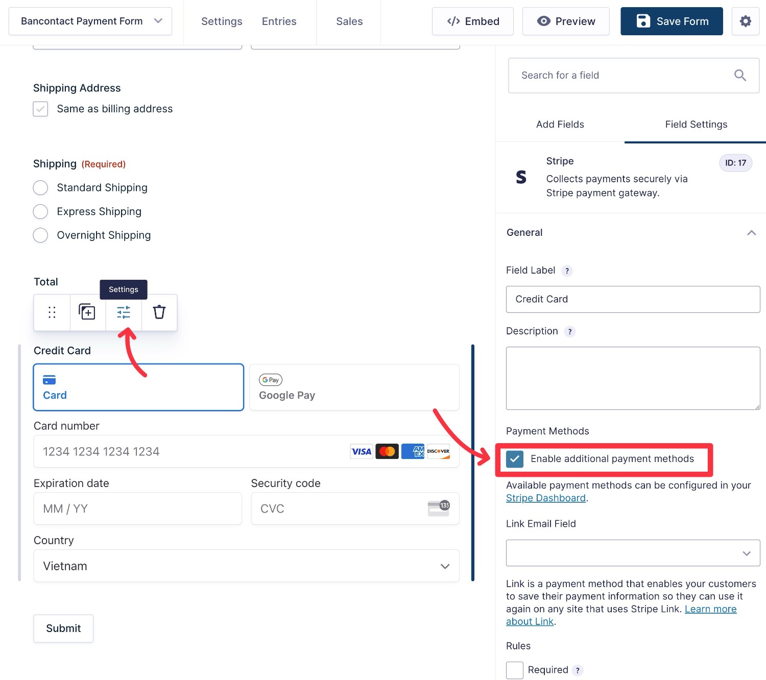 Enable additional payment methods for Stripe field