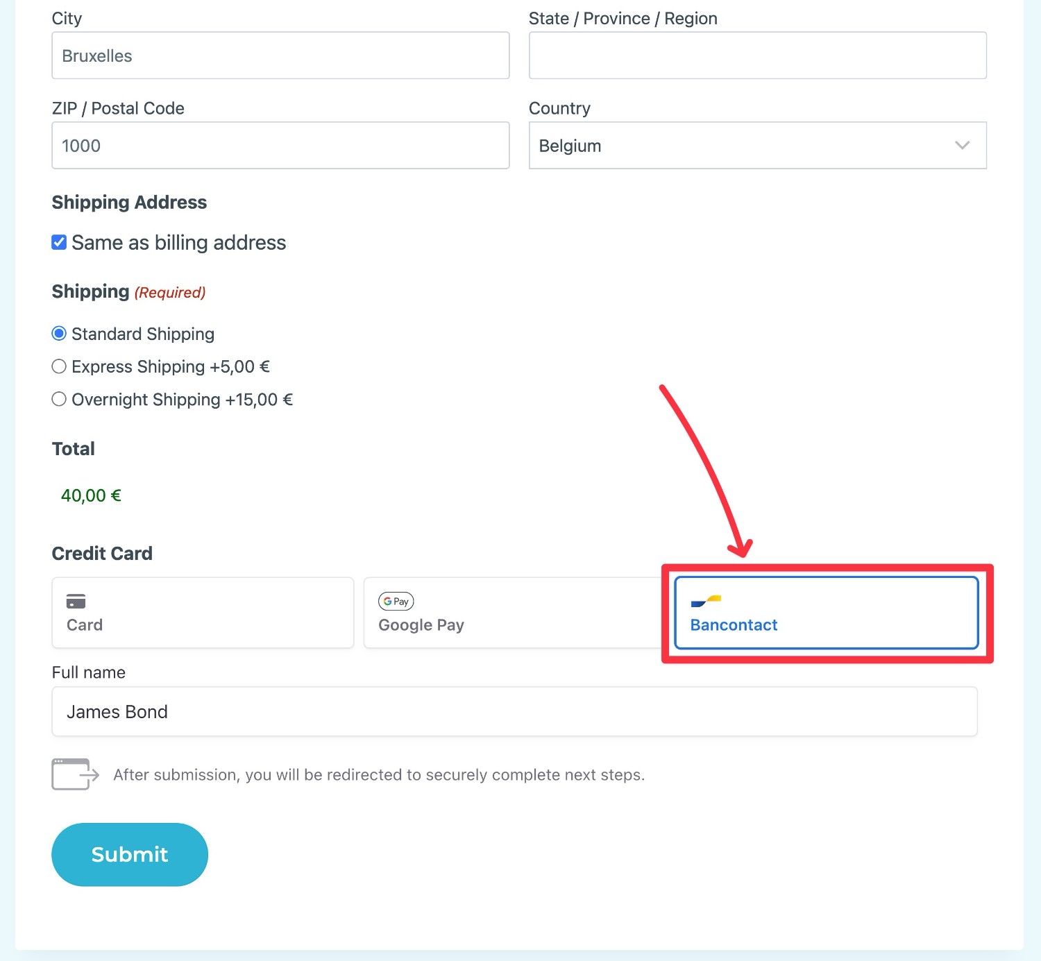 Testing the WordPress Bancontact payment form