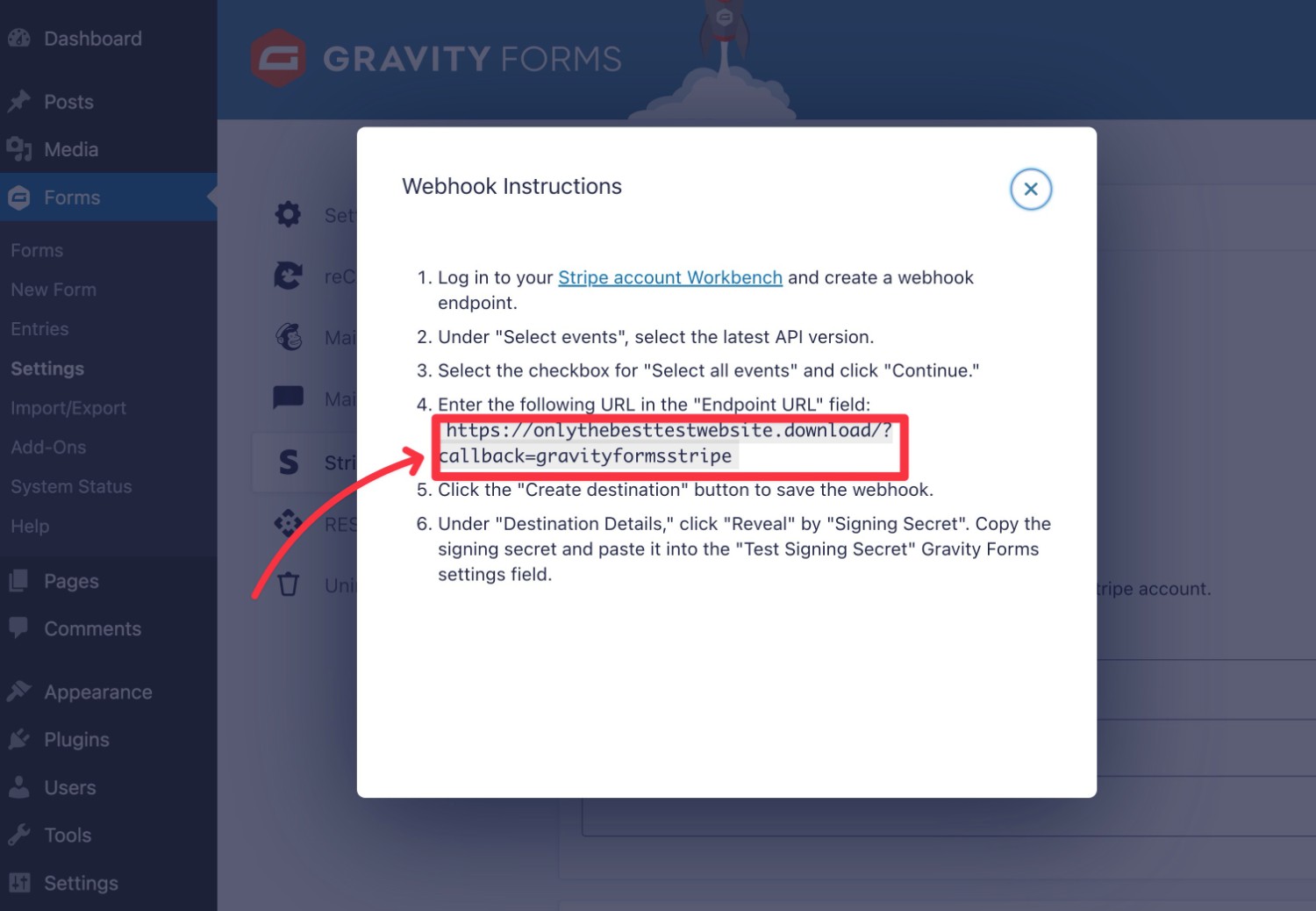 Access Gravity Forms Stripe webhook URL