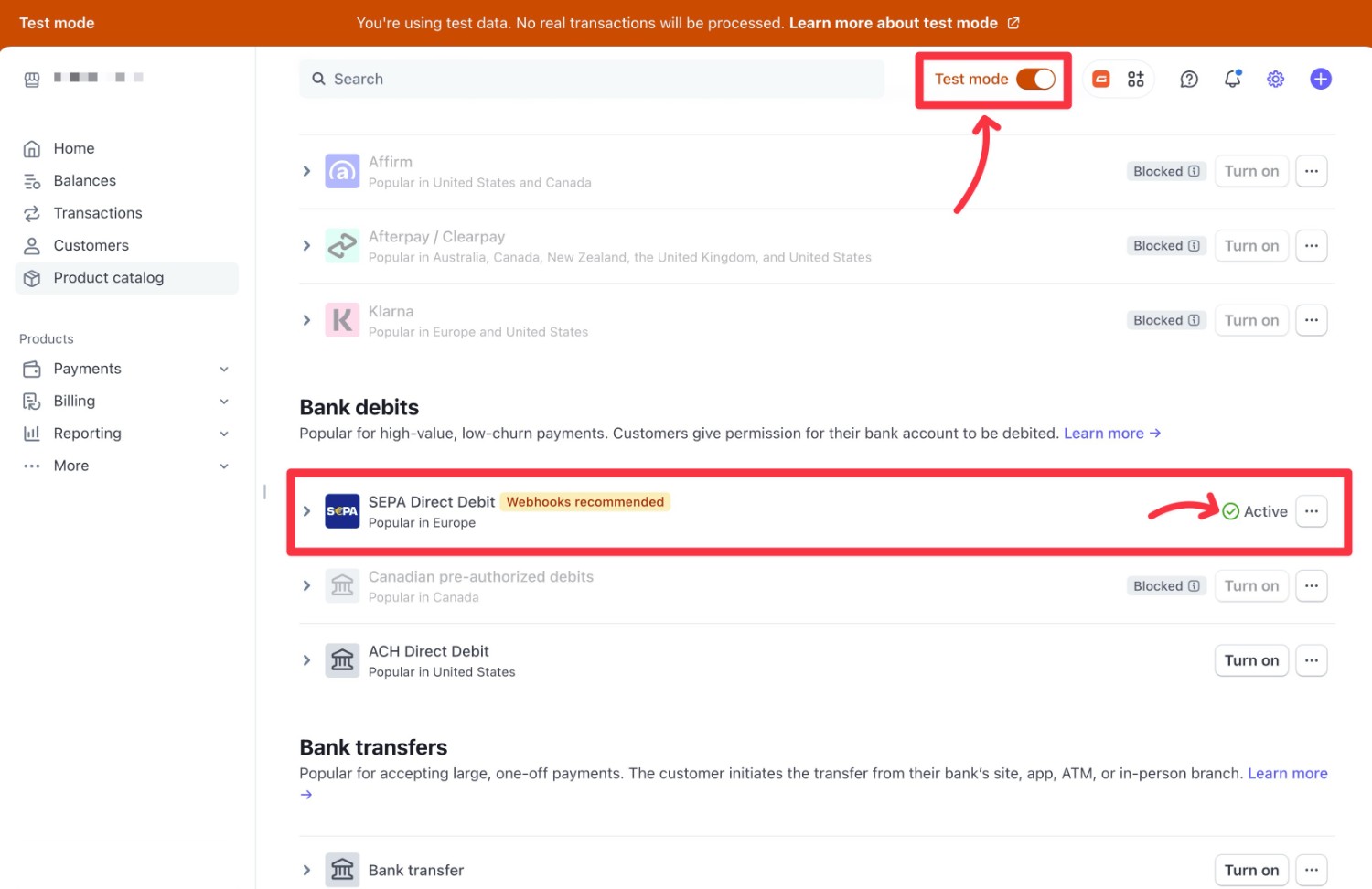 Make sure to enable SEPA Direct Debit for test and live mode