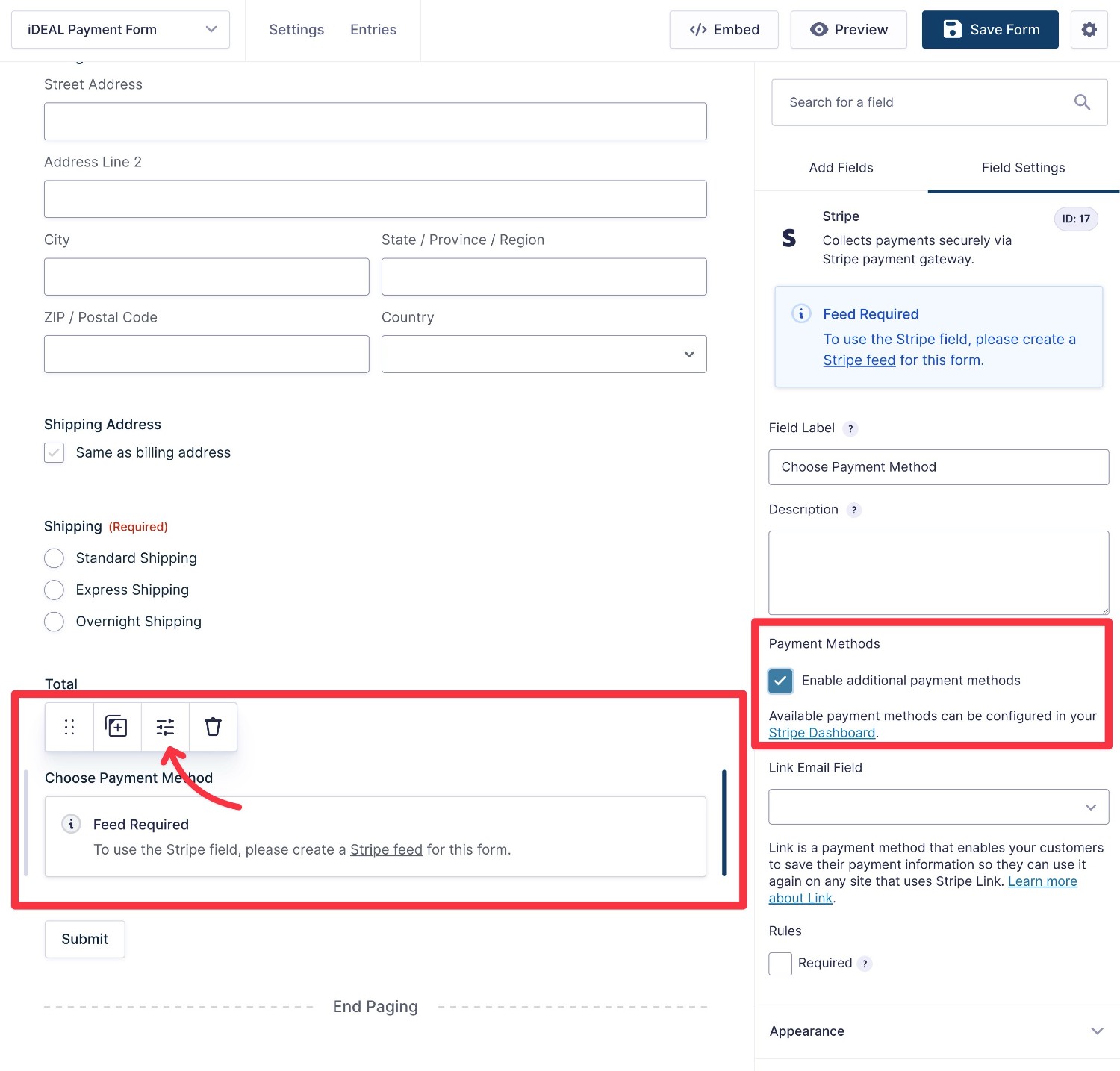 Enable additional payment methods in the Stripe field