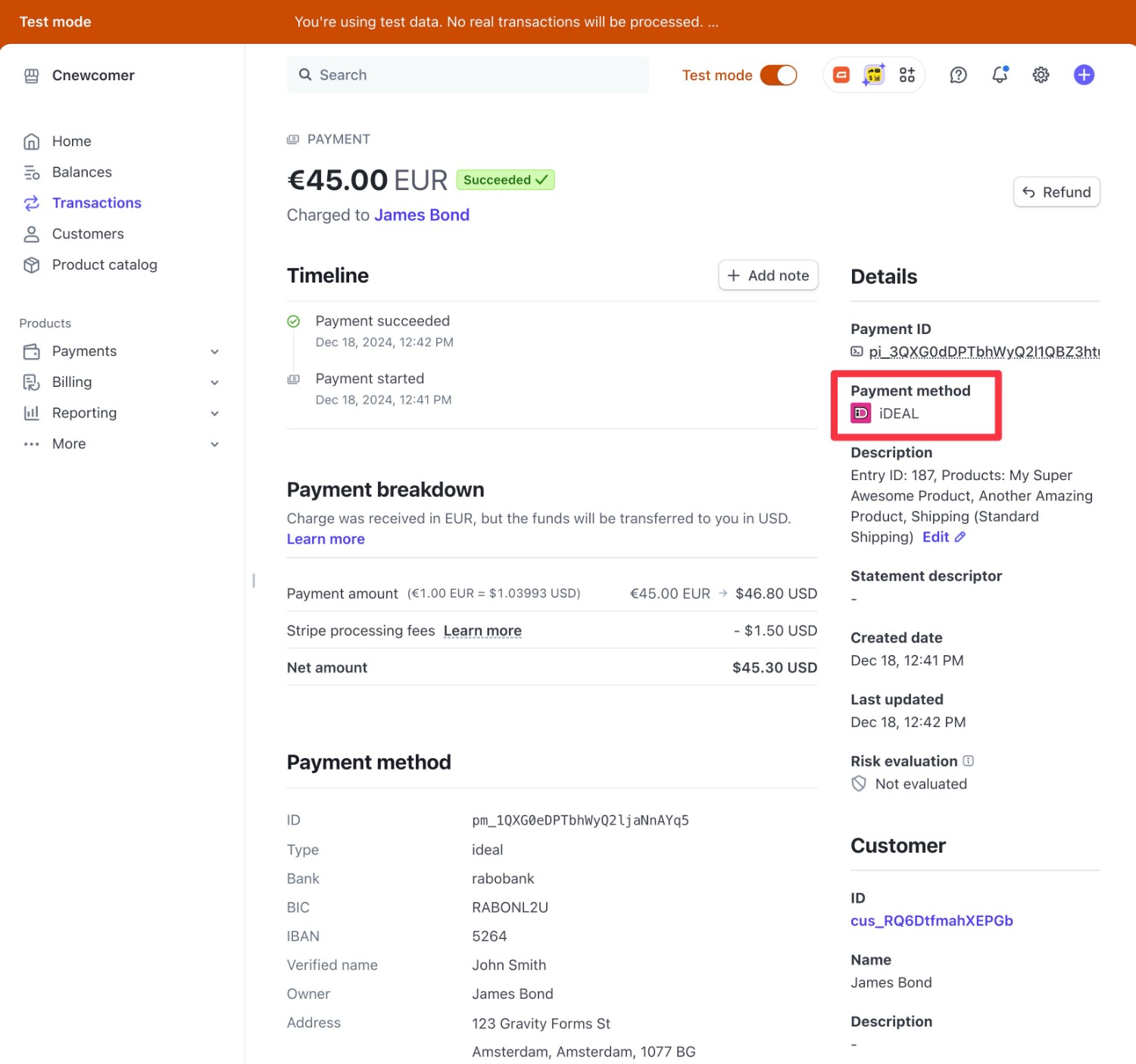 iDEAL payment in Stripe transaction list