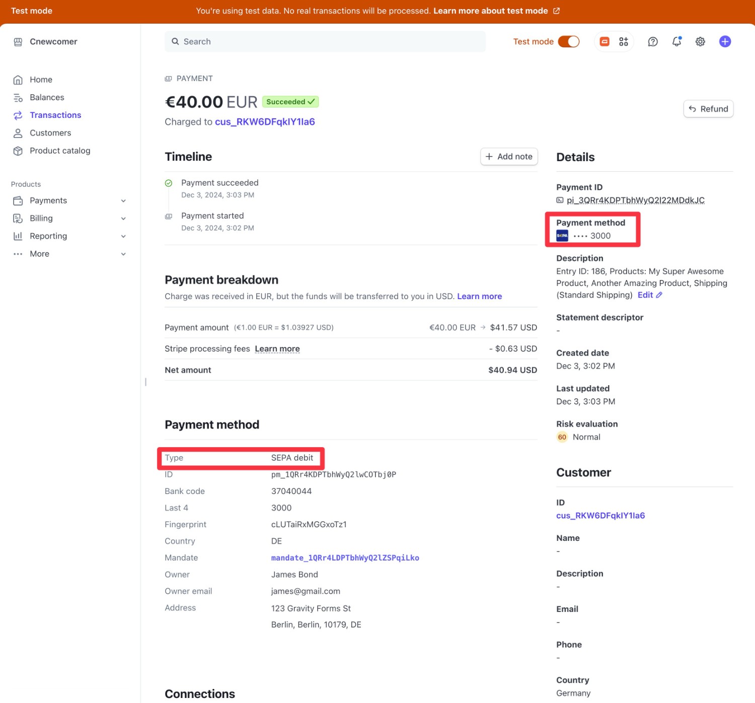 Test payment success in Stripe dashboard