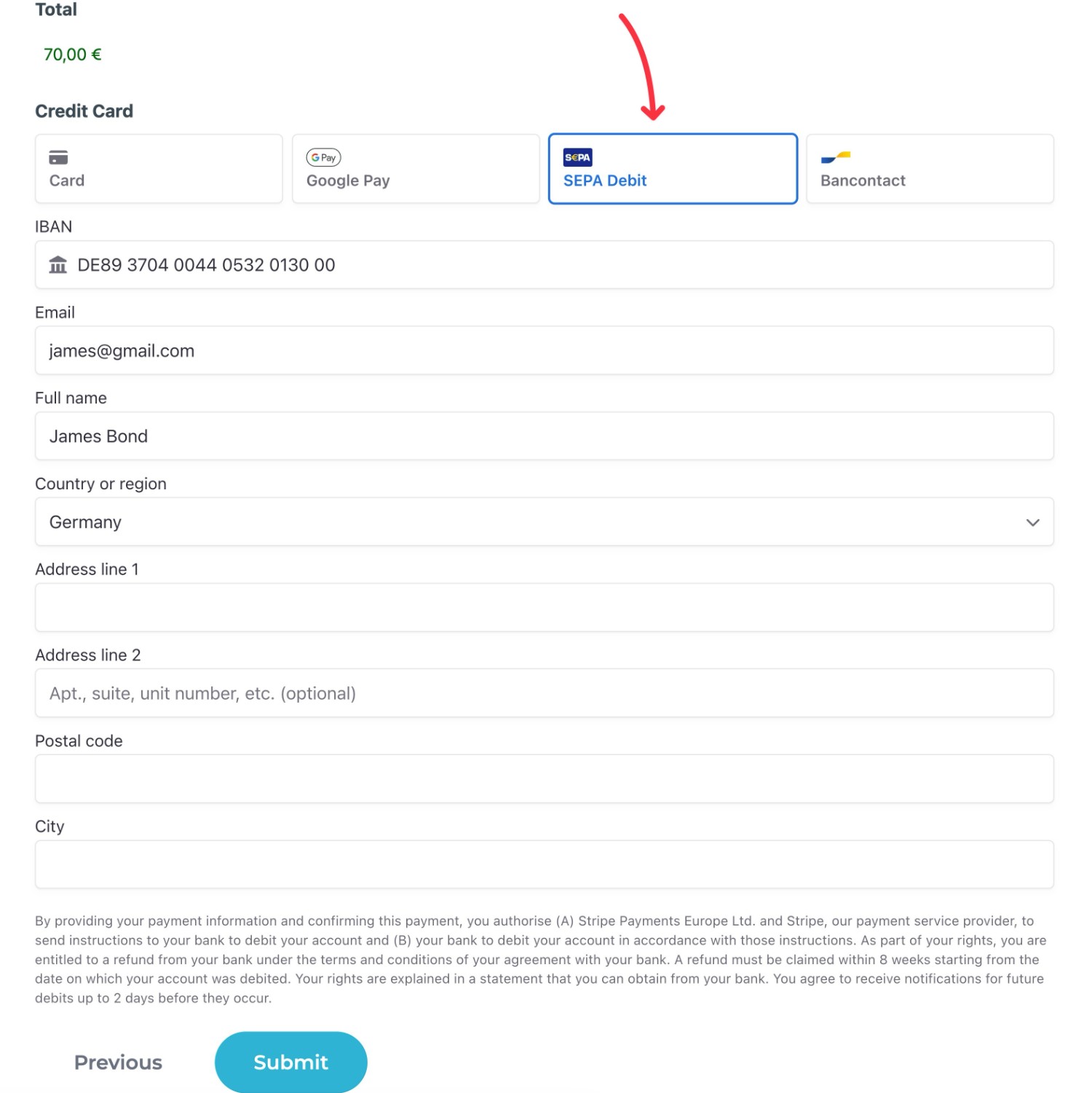 An example of a WordPress SEPA Direct Debit payment form