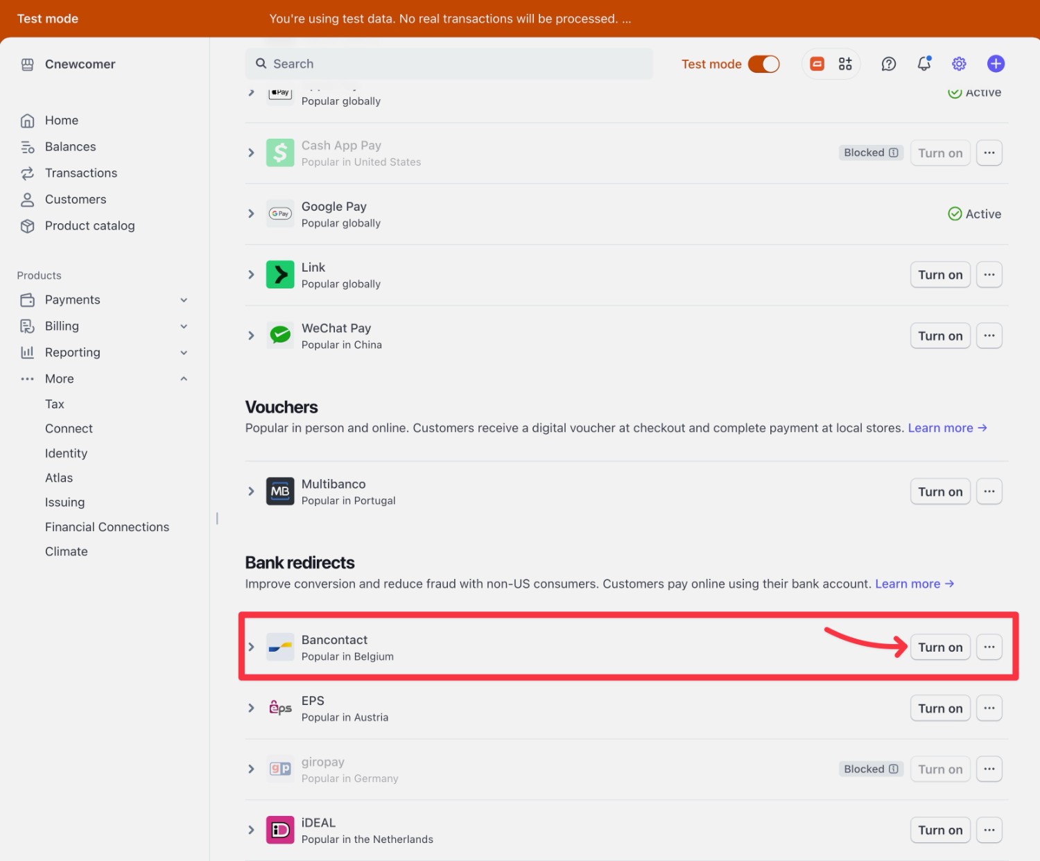 Activated Bancontact method in Stripe