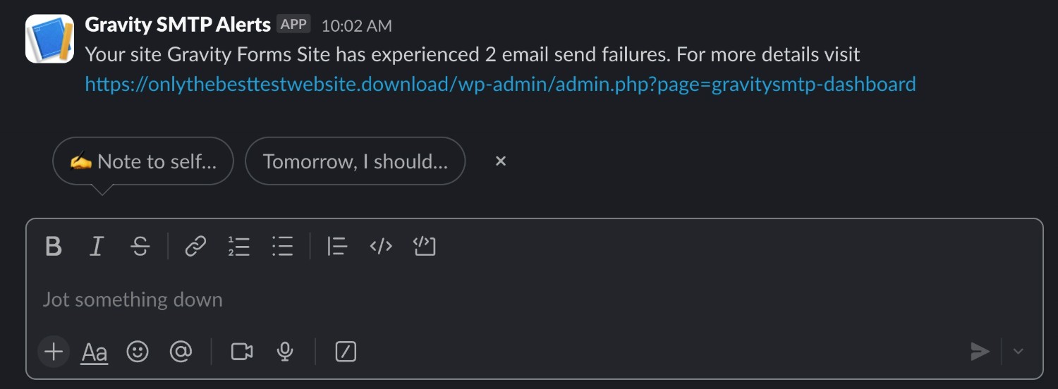 Gravity SMTP Slack alert example