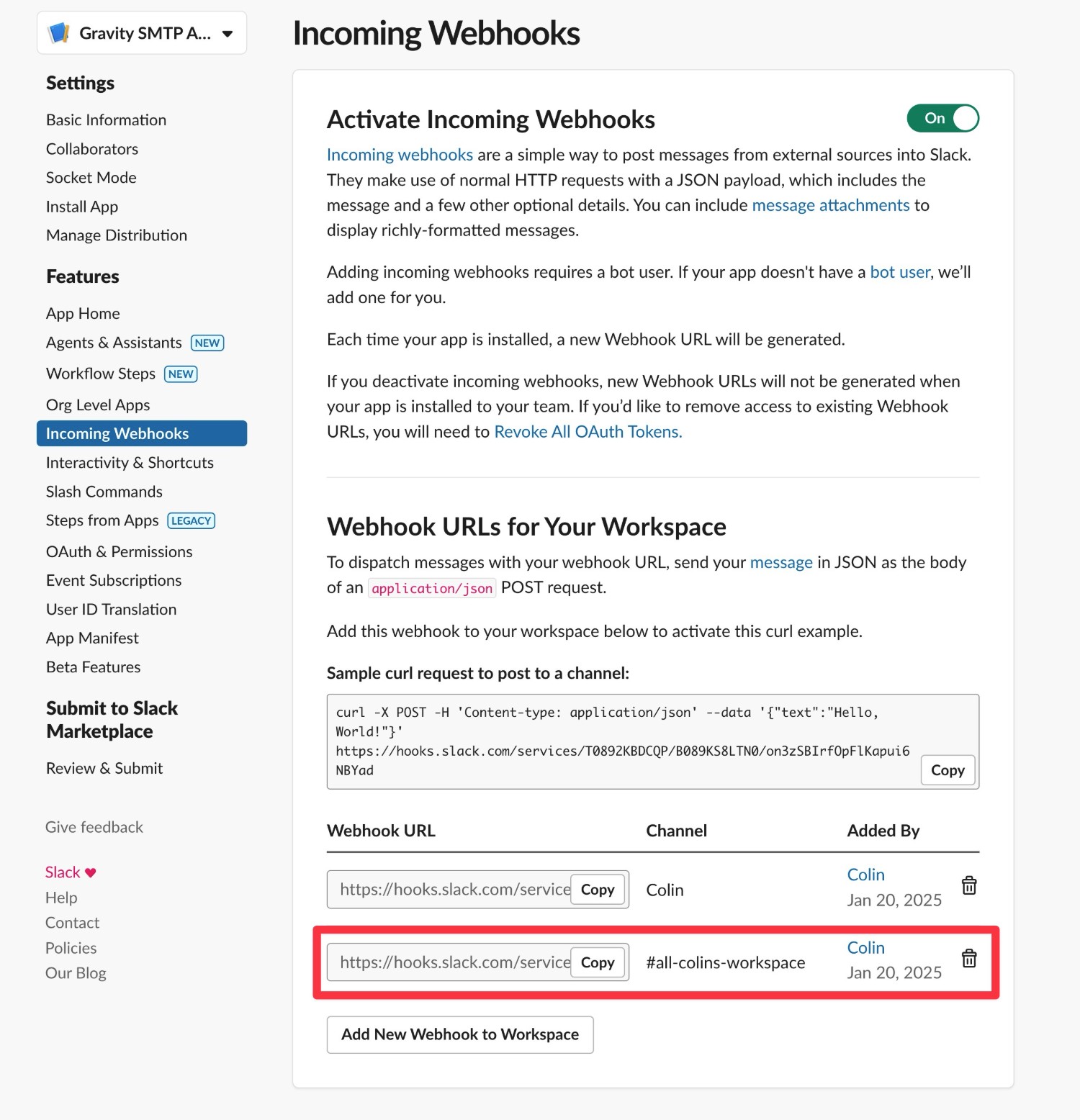 Add another webhook URL in Slack