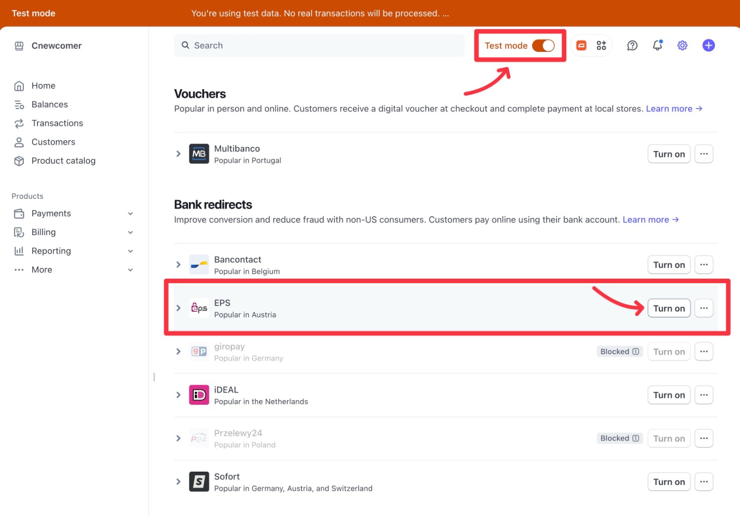 How to enable EPS payment option in Stripe