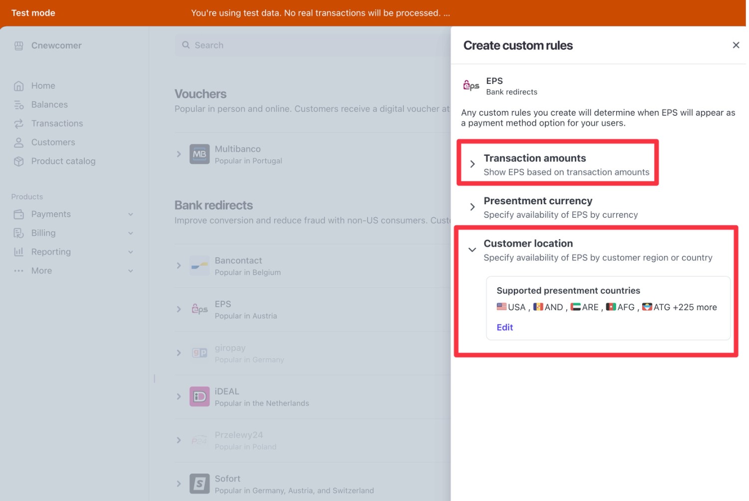 Adding rules to EPS payment method in Stripe