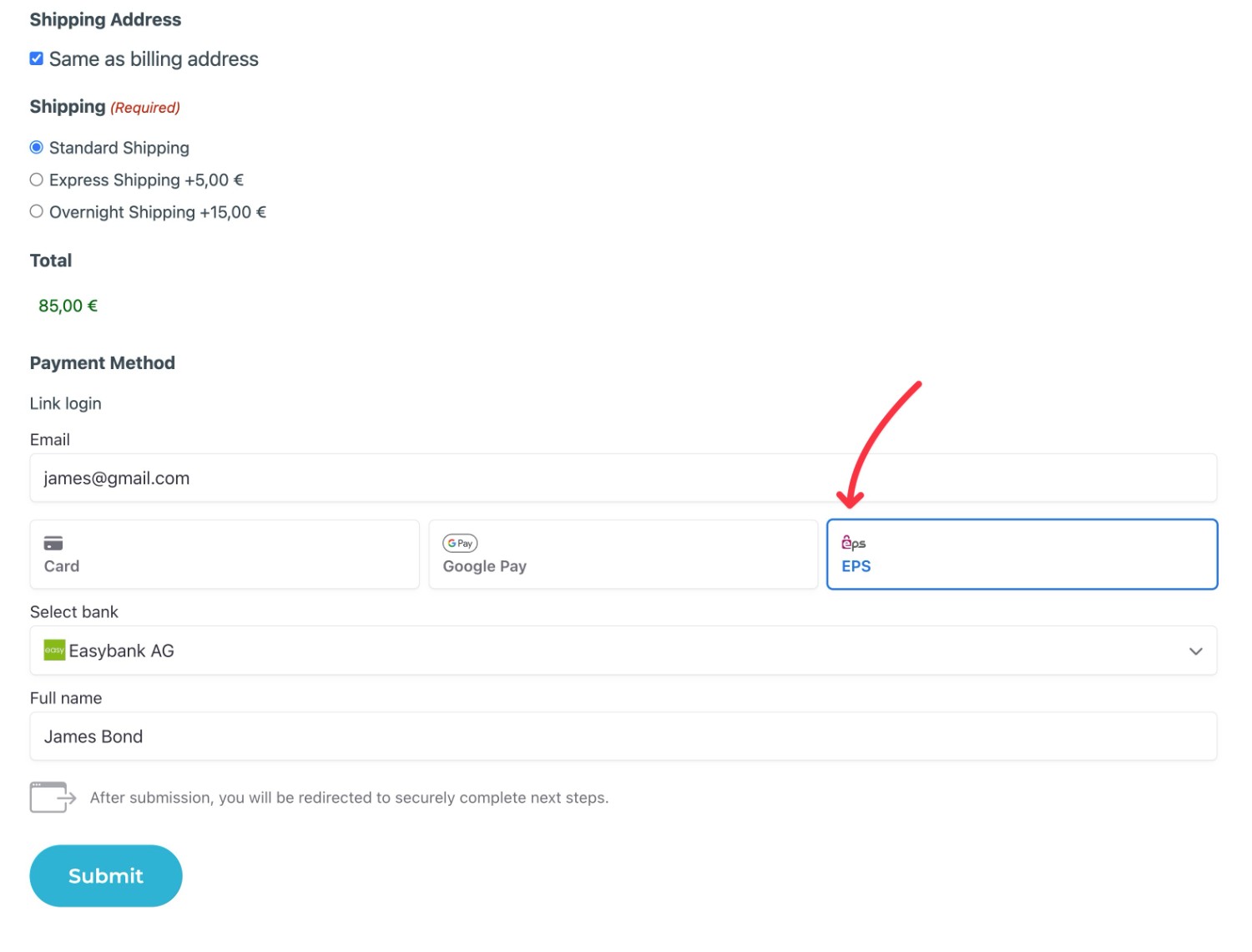 An example of a WordPress EPS payment form