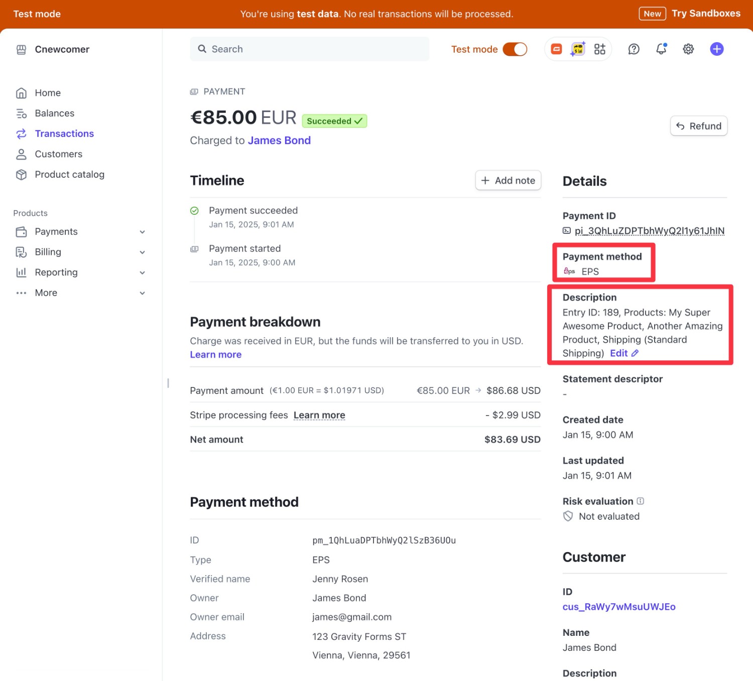 View WordPress EPS payment in your Stripe dashboard