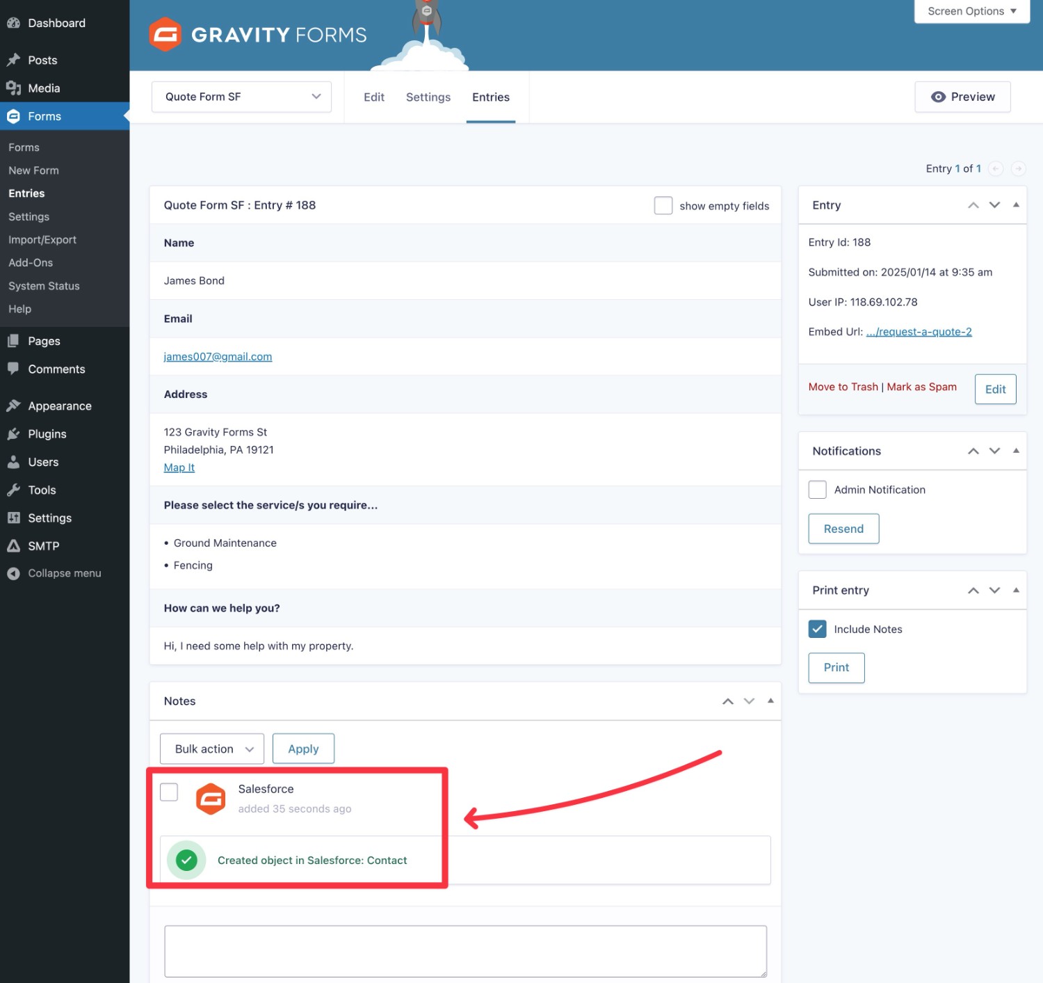 Viewing WordPress to Salesforce connection in the form entry