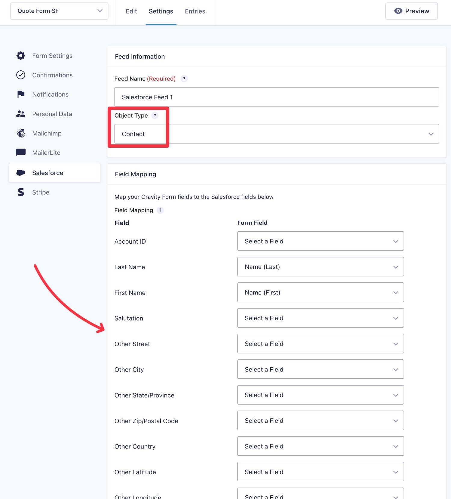 Map Gravity Forms fields to Salesforce fields