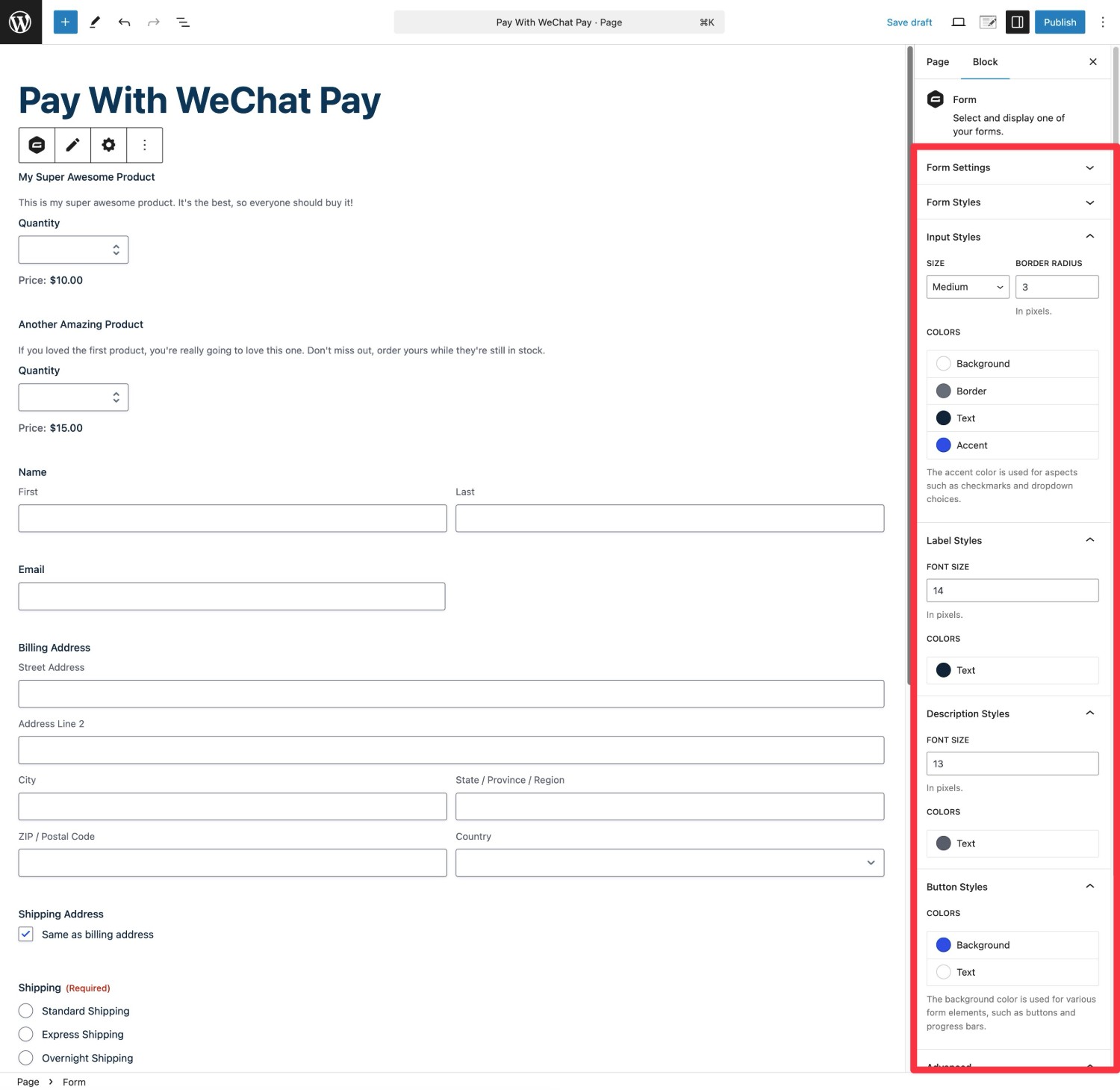 Style your WordPress WeChat Pay form