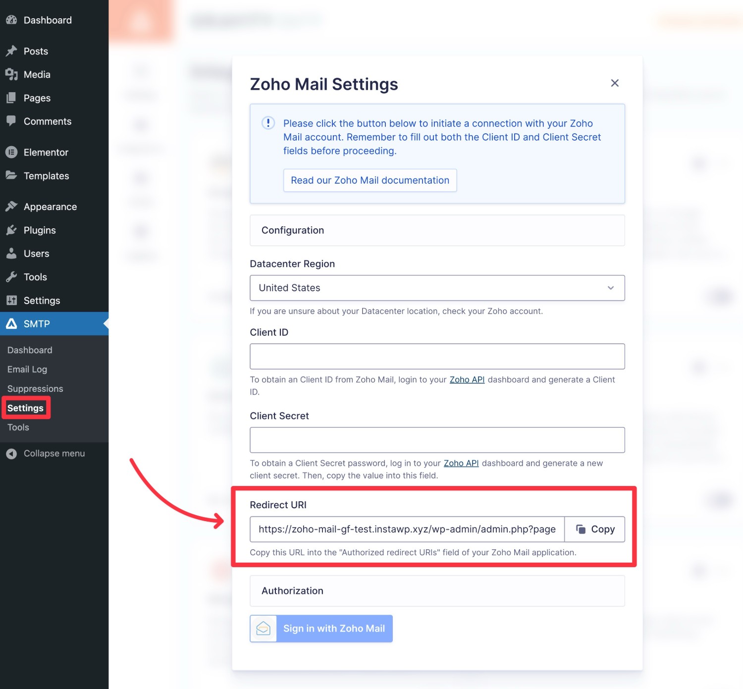 Where to find Zoho Mail redirect URI