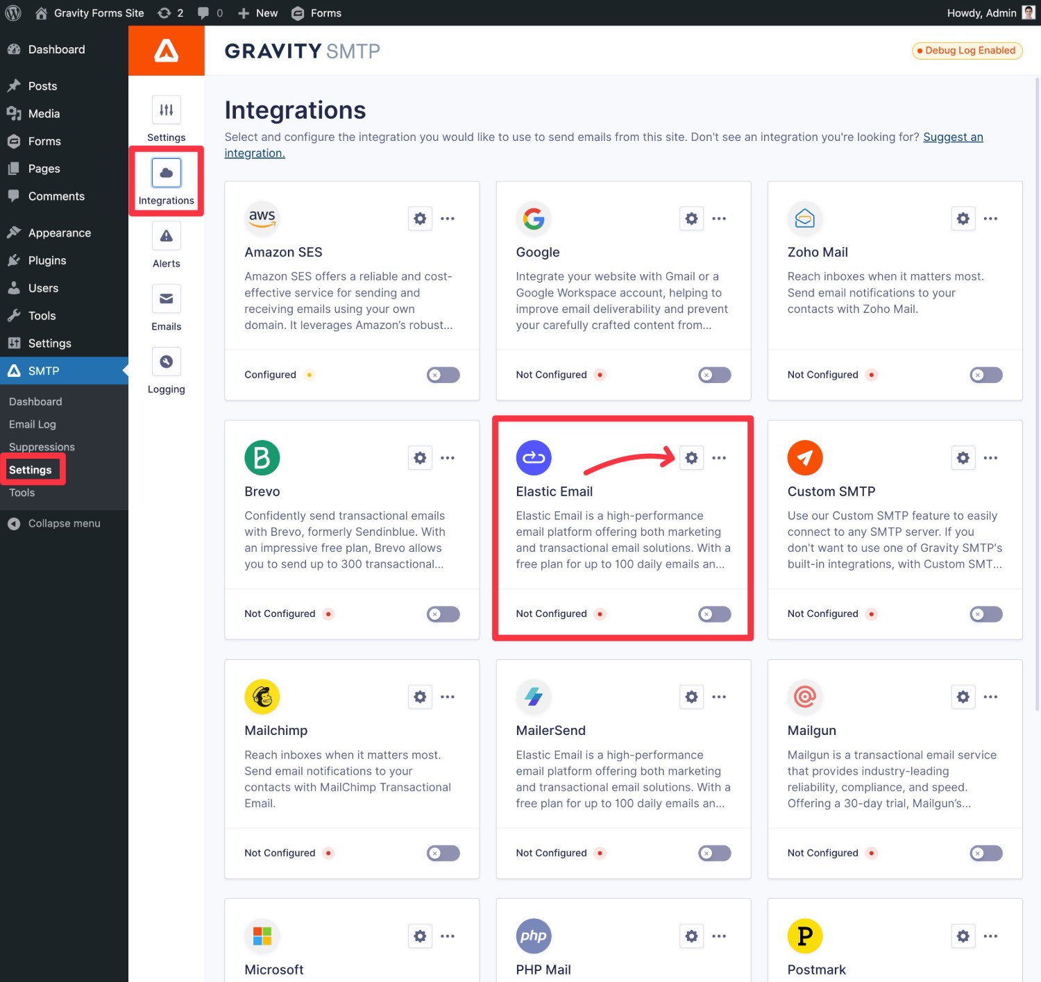 Access the Gravity SMTP settings for Elastic Email