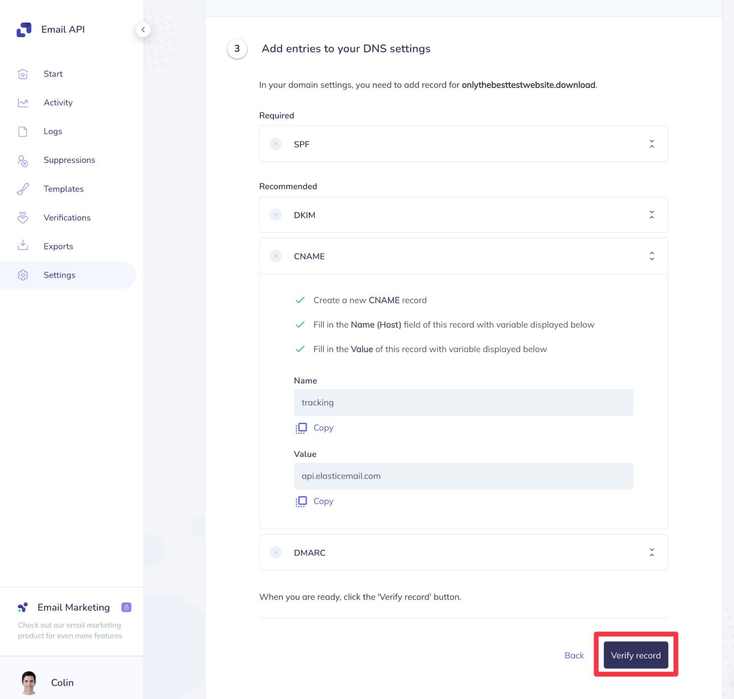 Verify DNS records