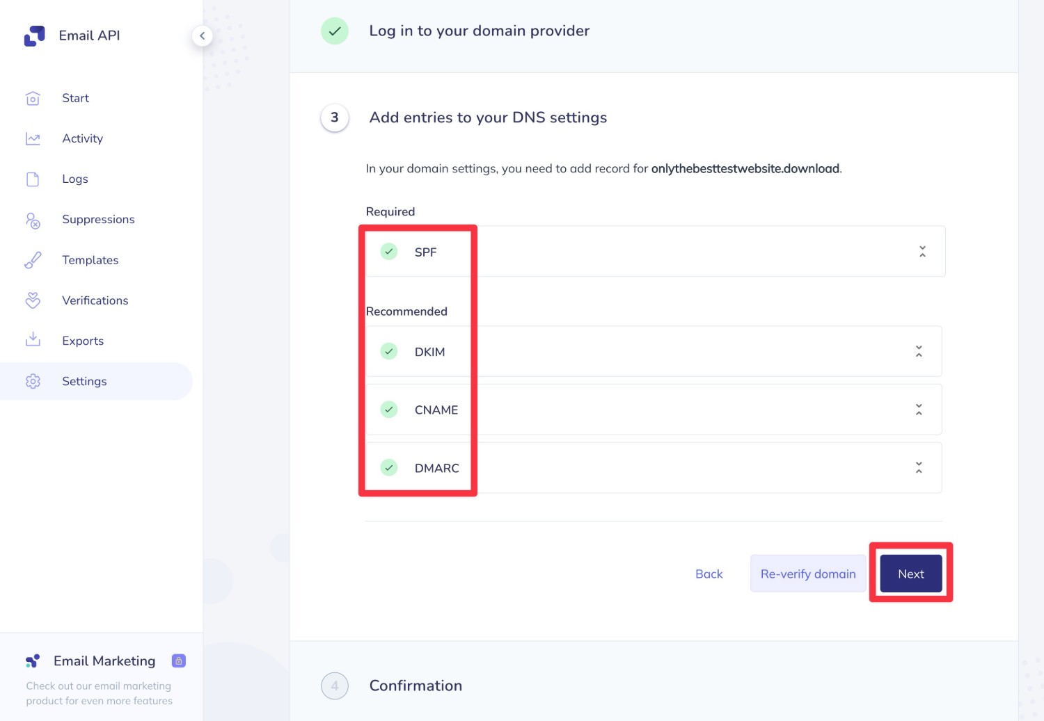 Verified DNS records