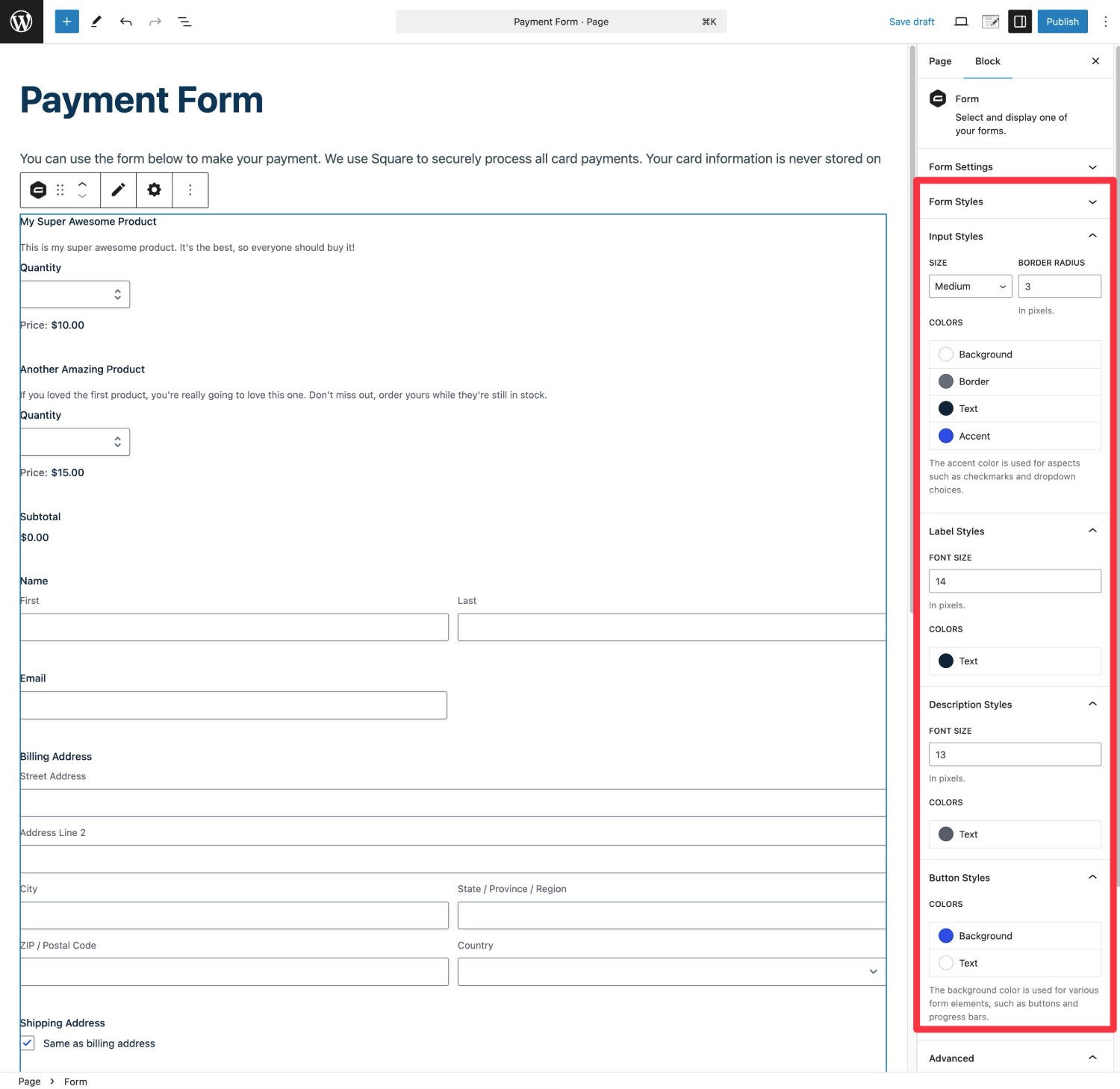 Embed WordPress Square payment form using block