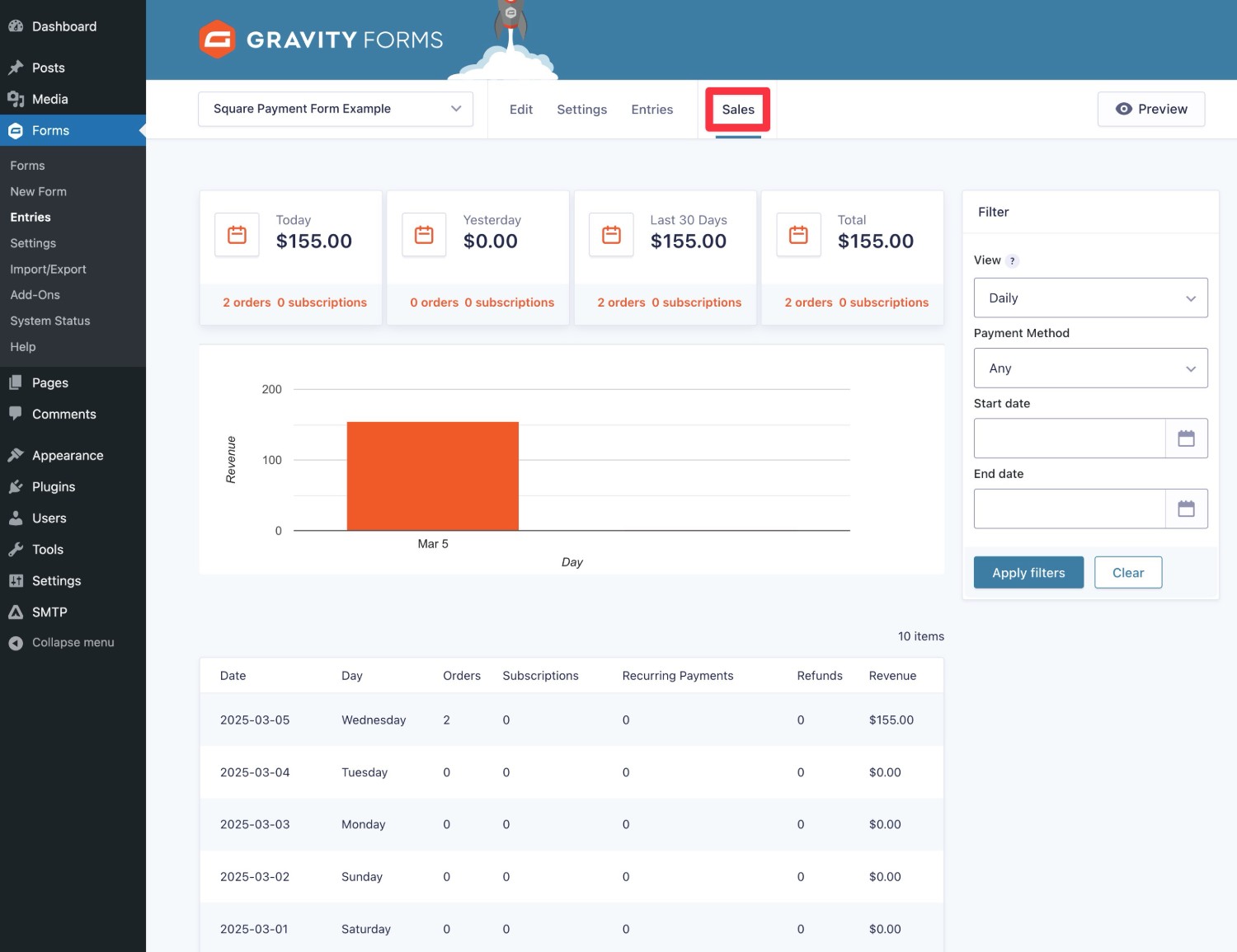 Gravity FOrms sales report