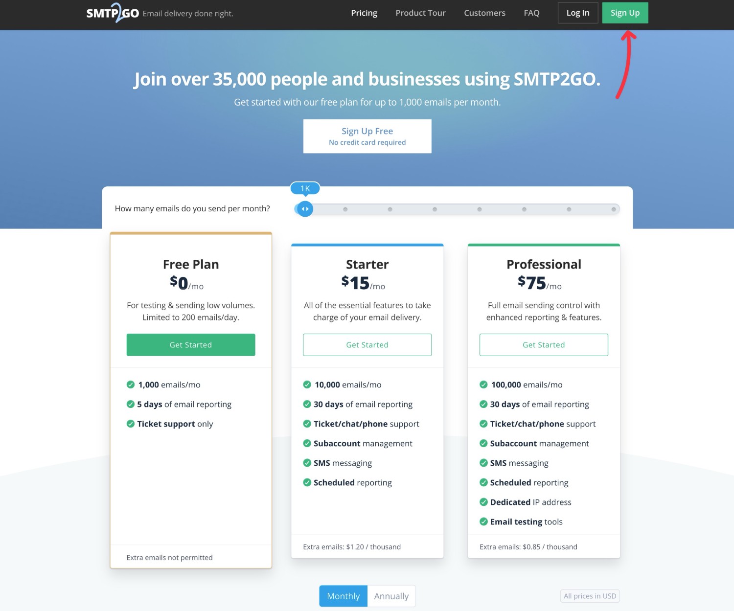 SMTP2Go pricing