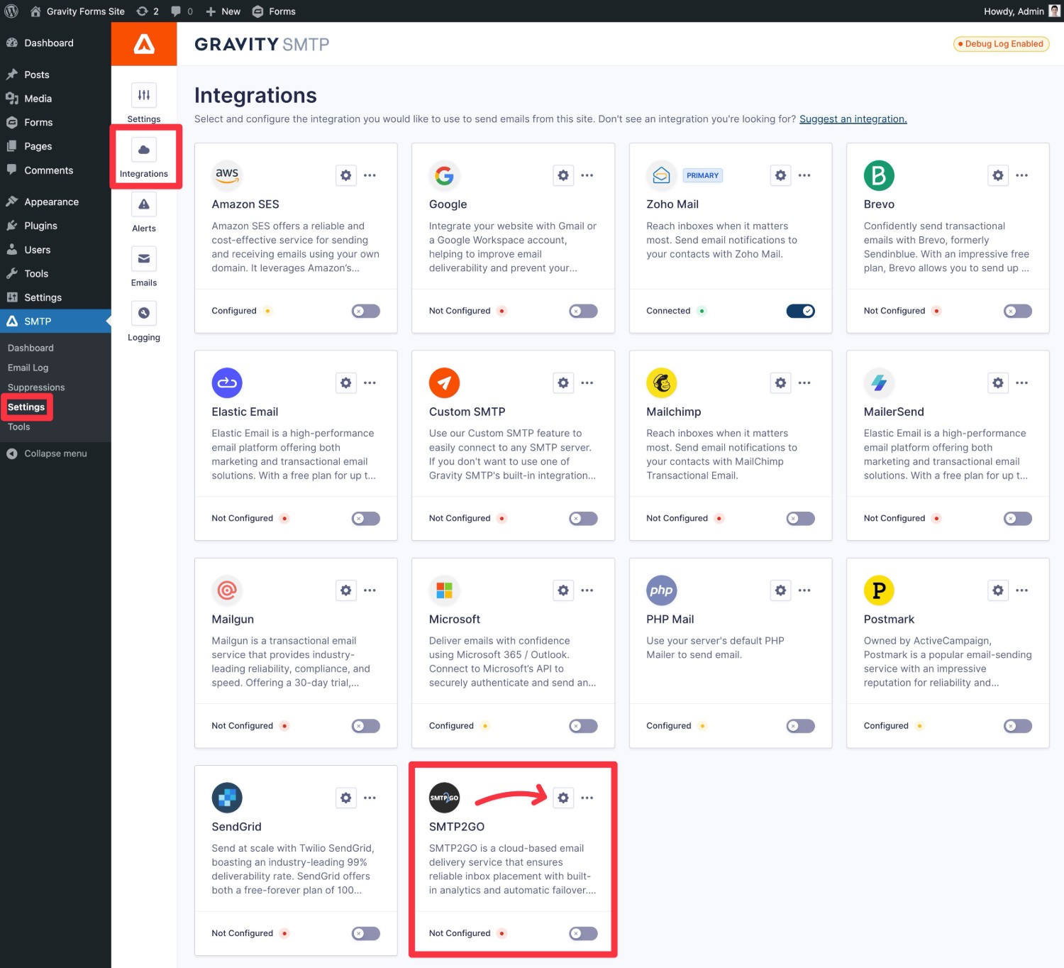 Opening SMTP2Go settings in Gravity SMTP