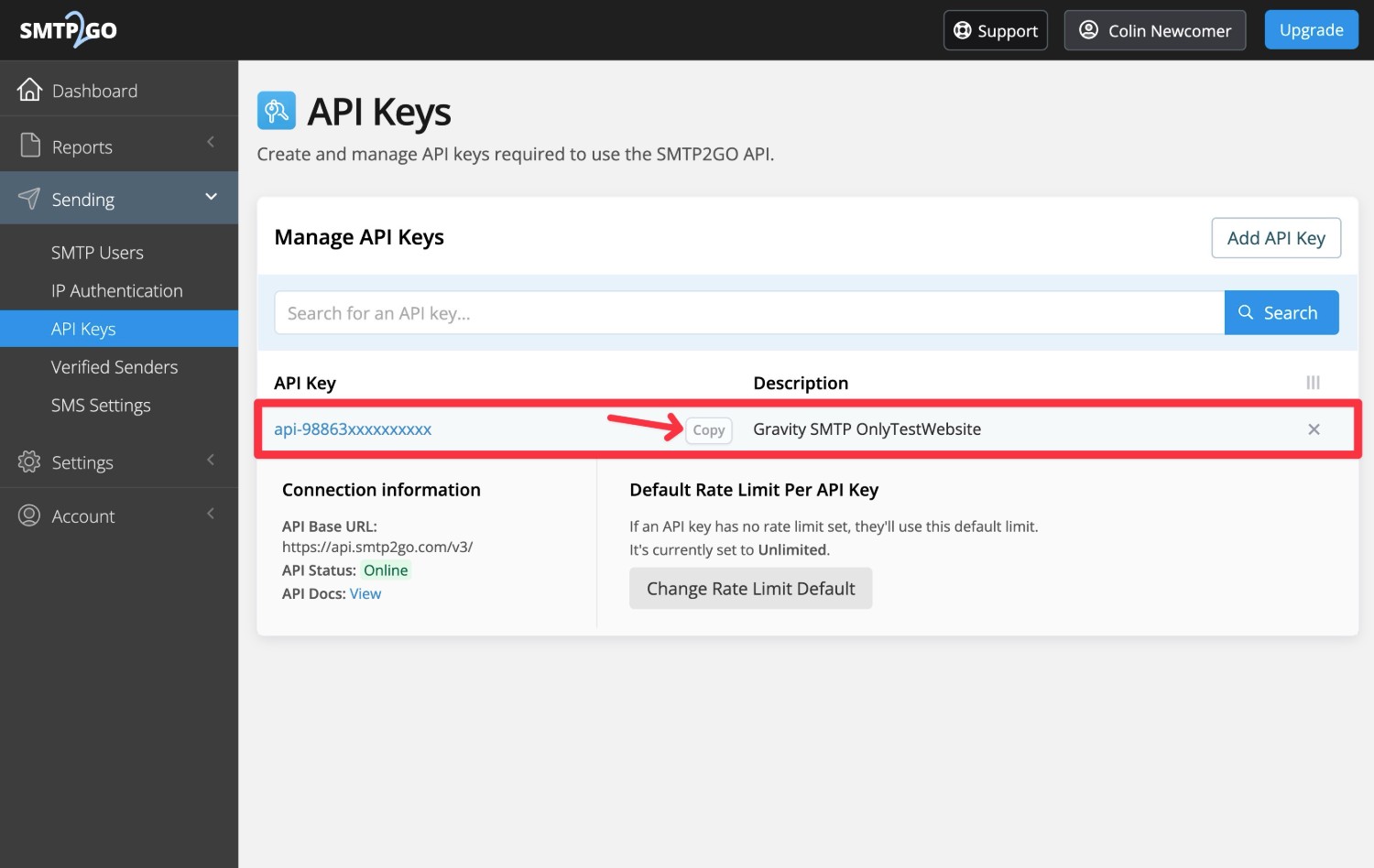 Locating your SMTP2Go API key