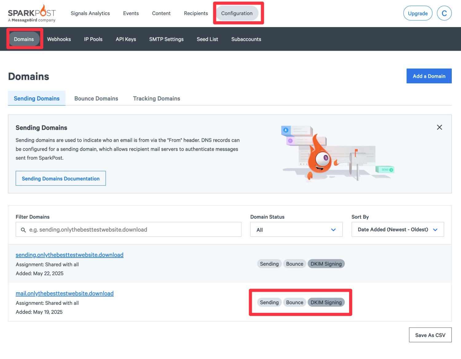 DKIM signing enabled