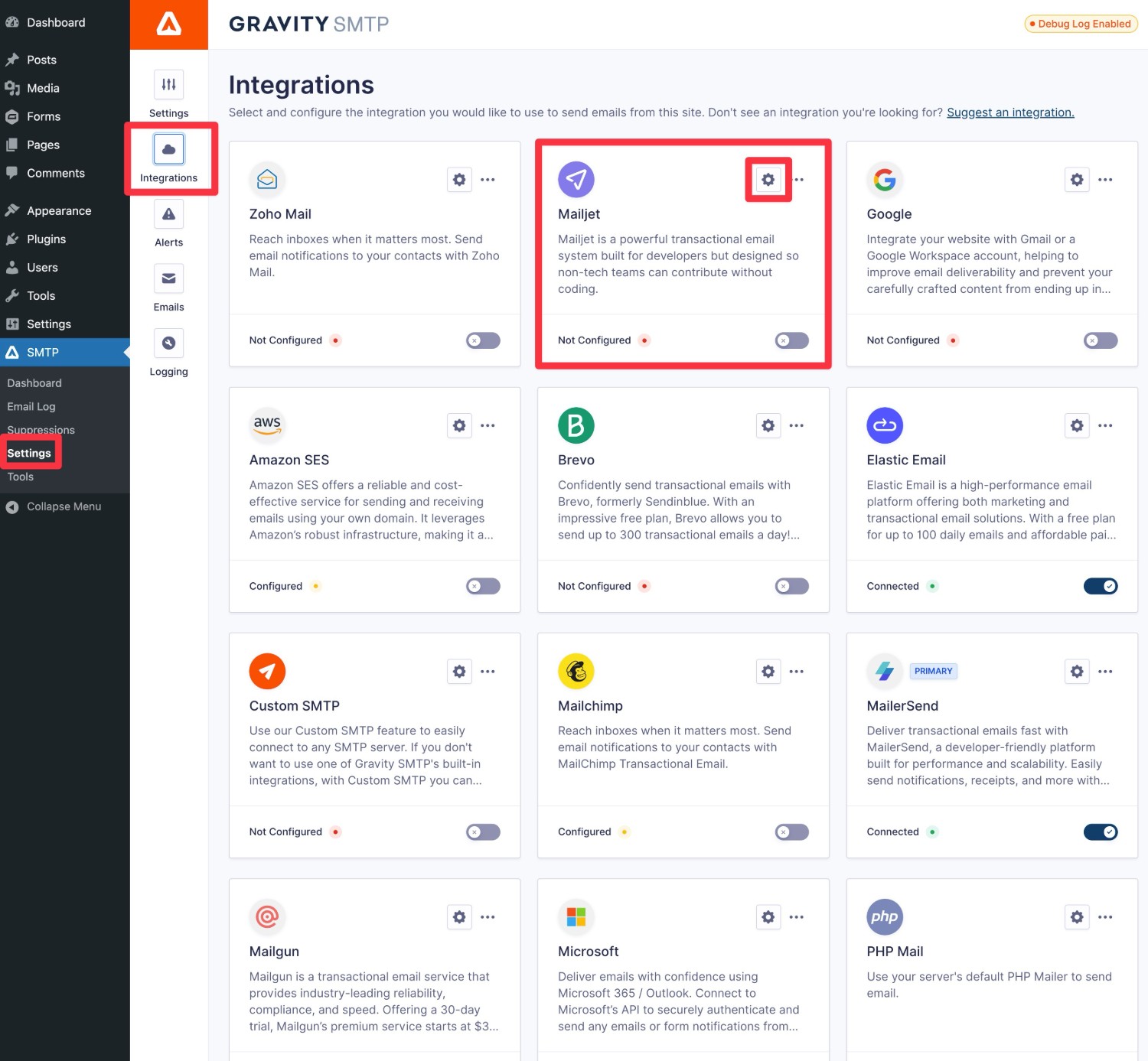 Open Mailjet WordPress settings in Gravity SMTP