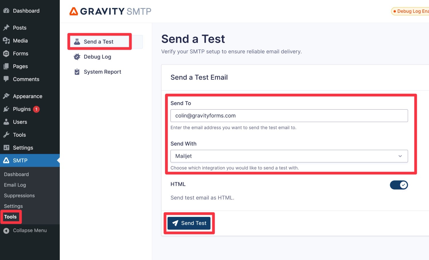 Send a test email using Mailjet