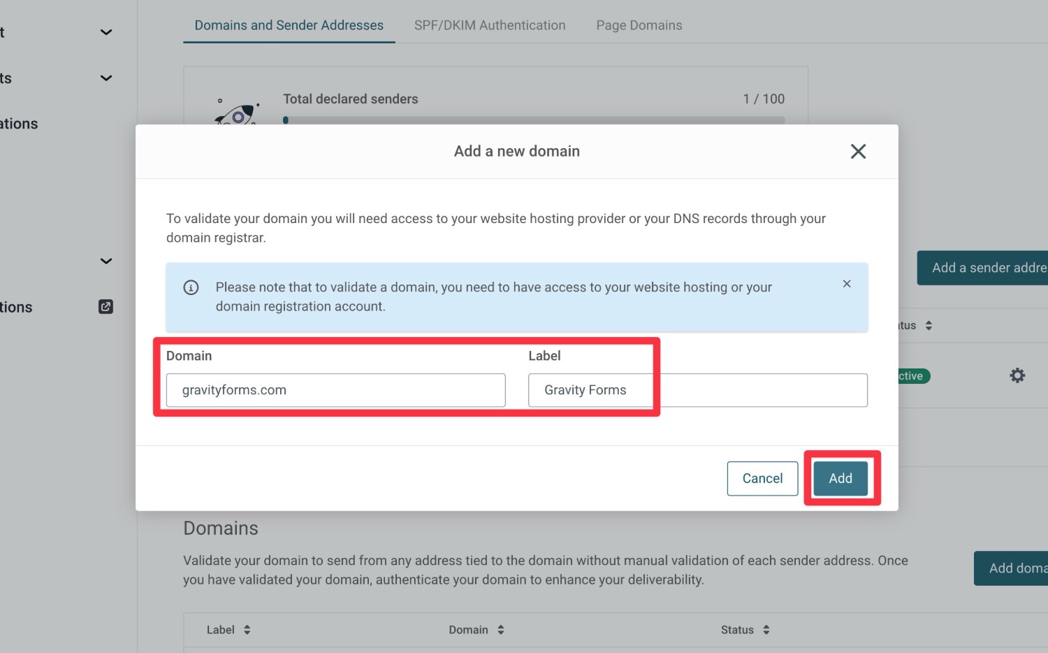 Enter domain name in popup