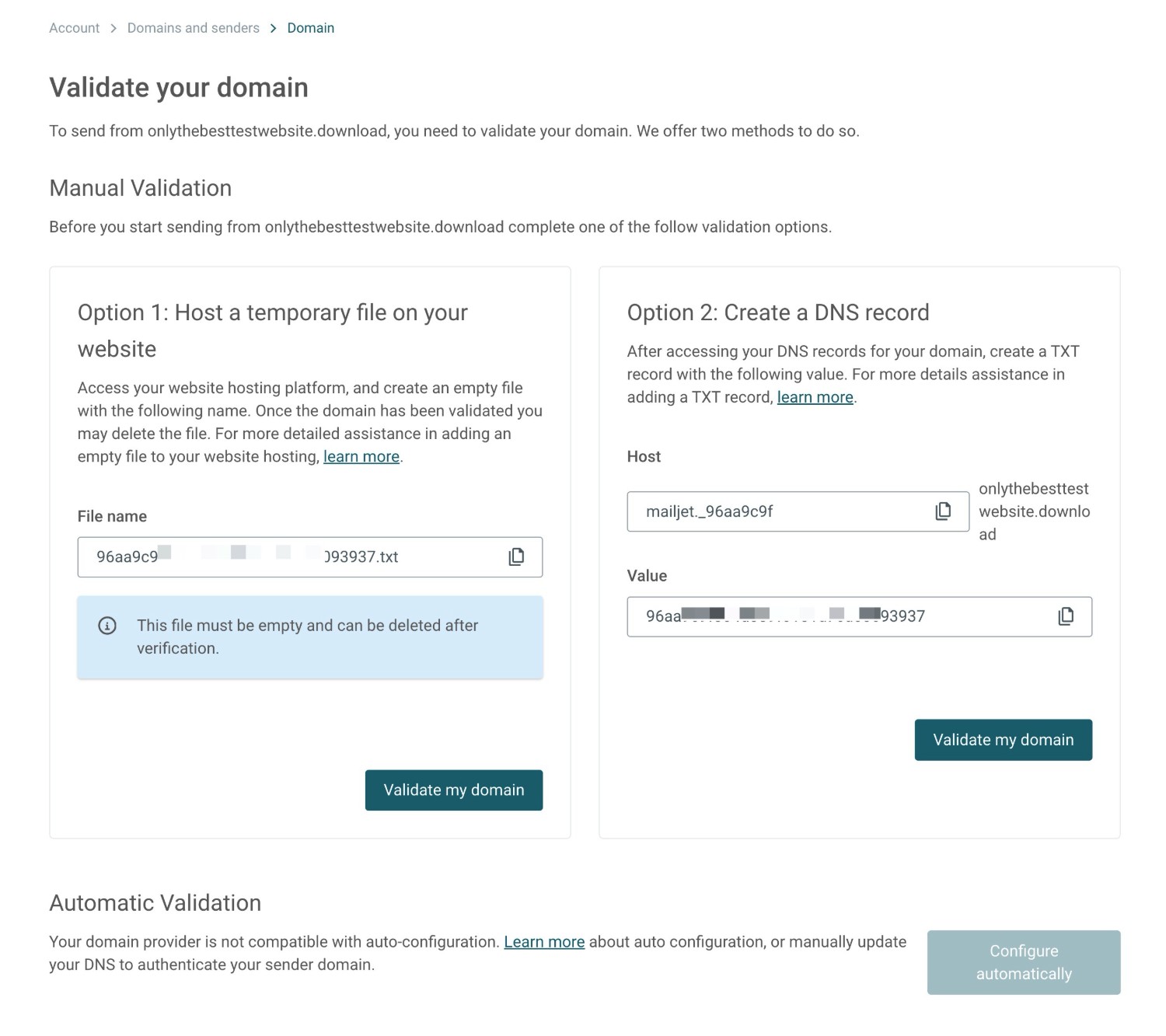 Domain authentication option