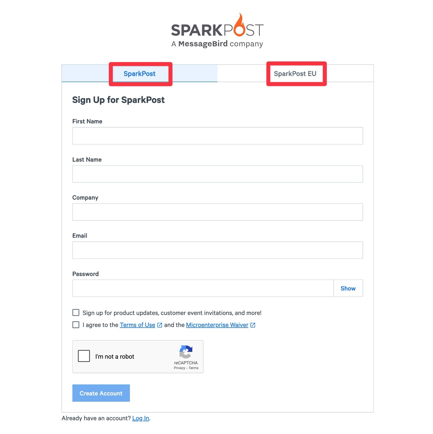 SparkPost registration page
