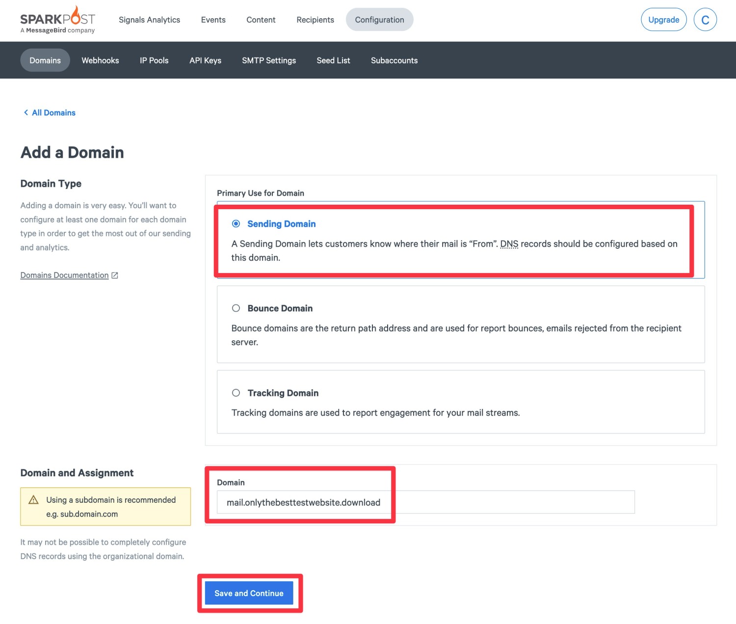 Choose sending domain in SparkPost