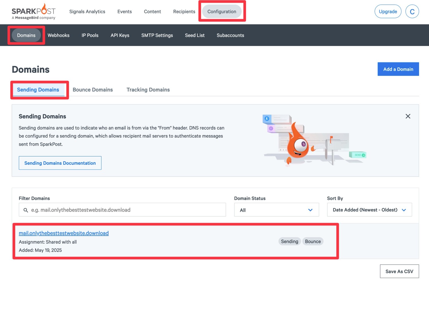 SparkPost WordPress domain added