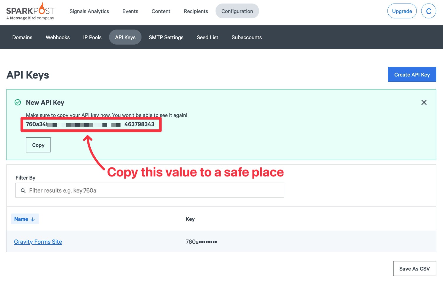 Copy your SparkPost API key to a safe spot