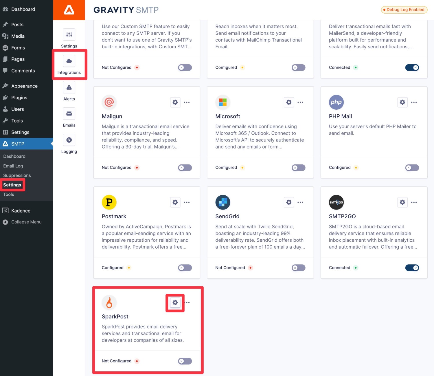 How to open SparkPost WordPress settings in the Gravity SMTP plugin