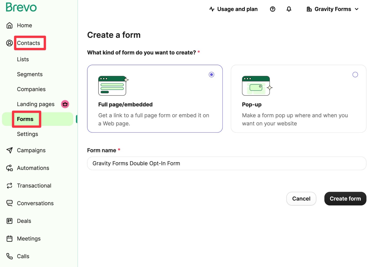 Create a Brevo form