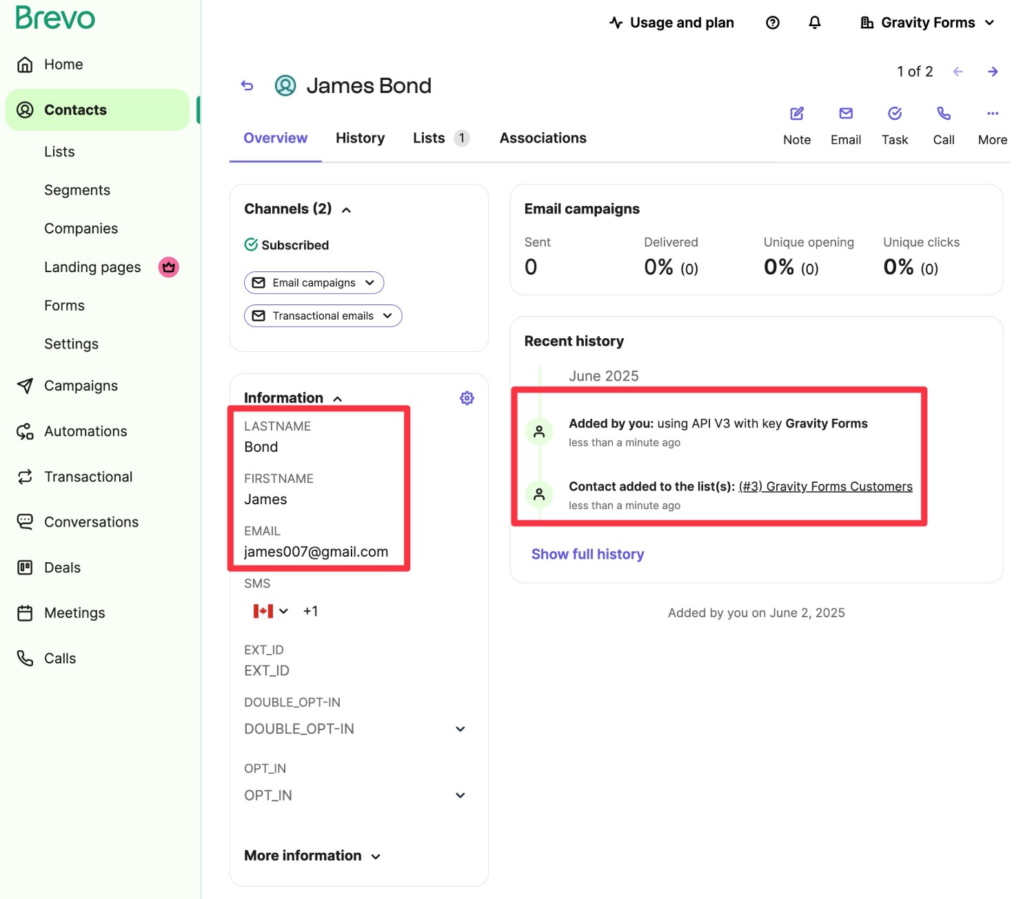 Data from WordPress form in Brevo