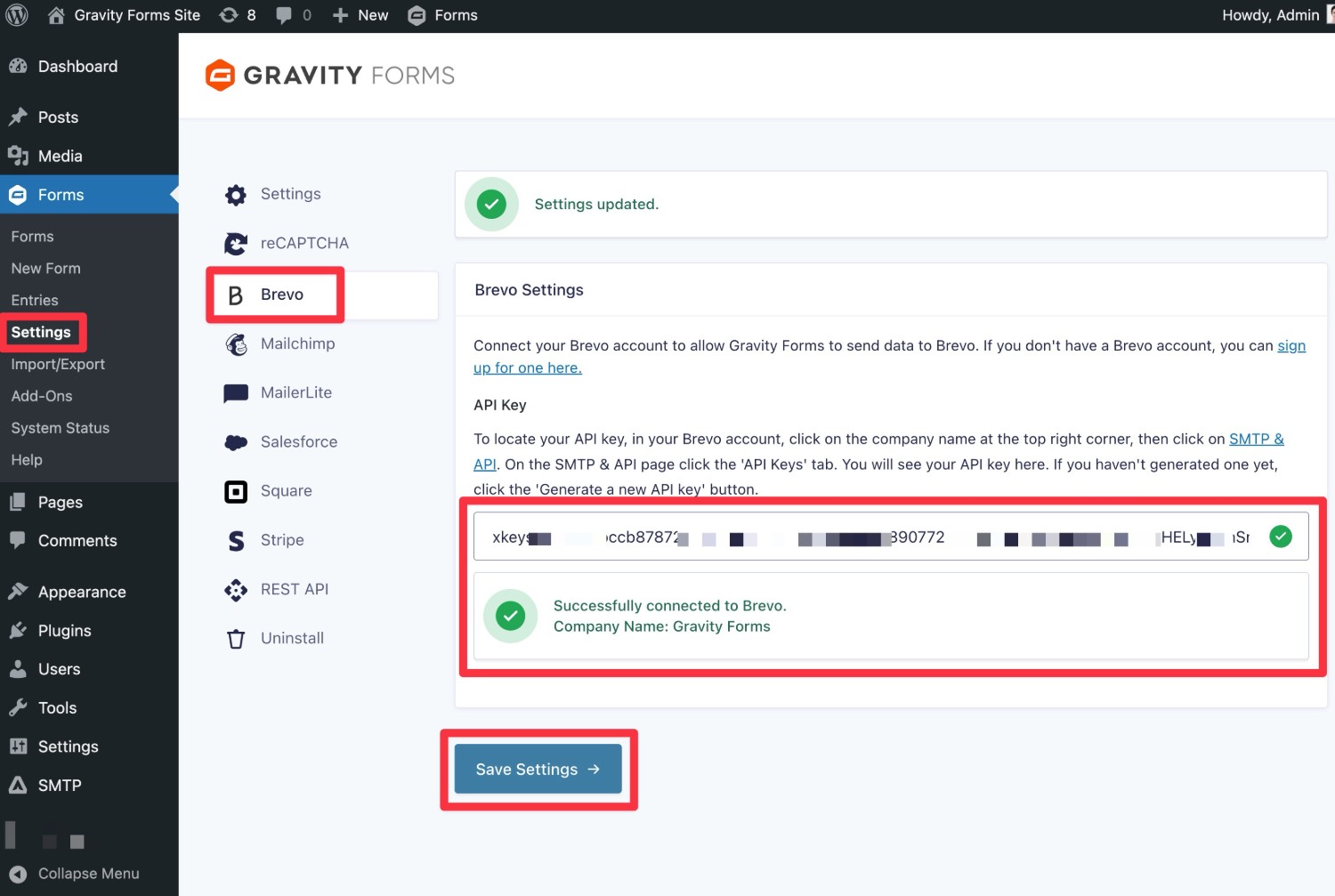 Add Brevo API key to Gravity Forms