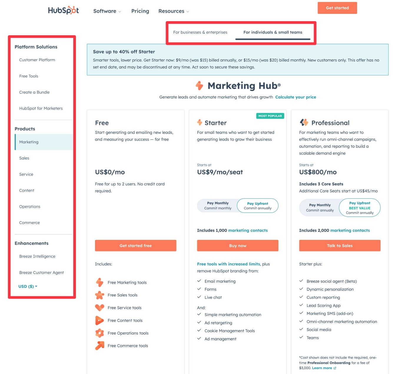 HubSpot pricing options