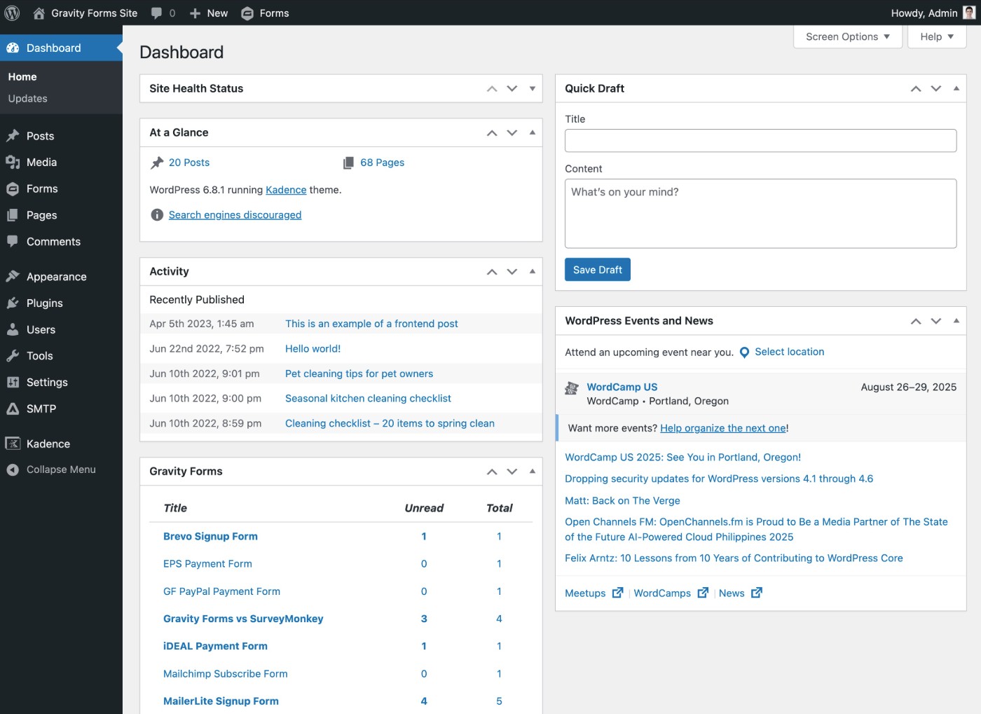 WordPress dashboard