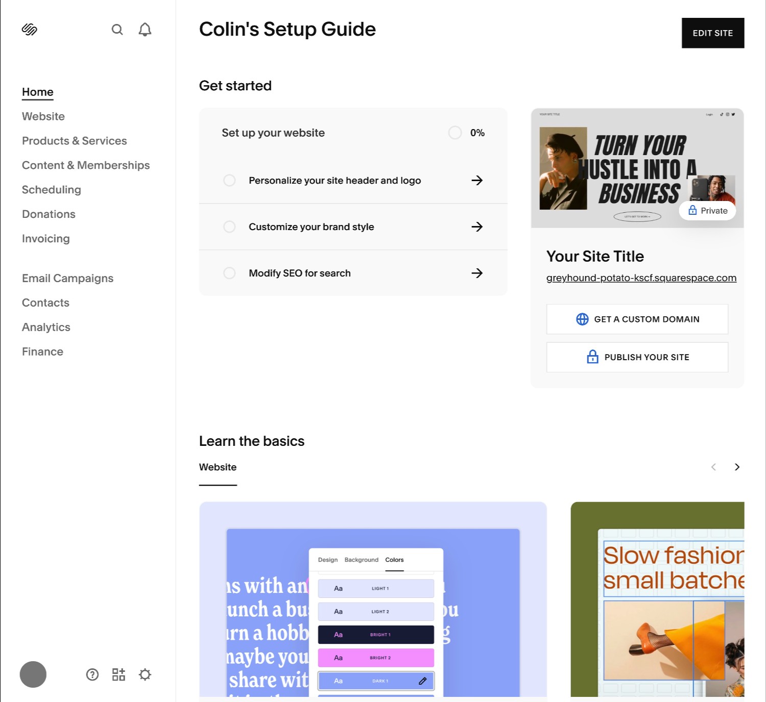 Squarespace dashboard