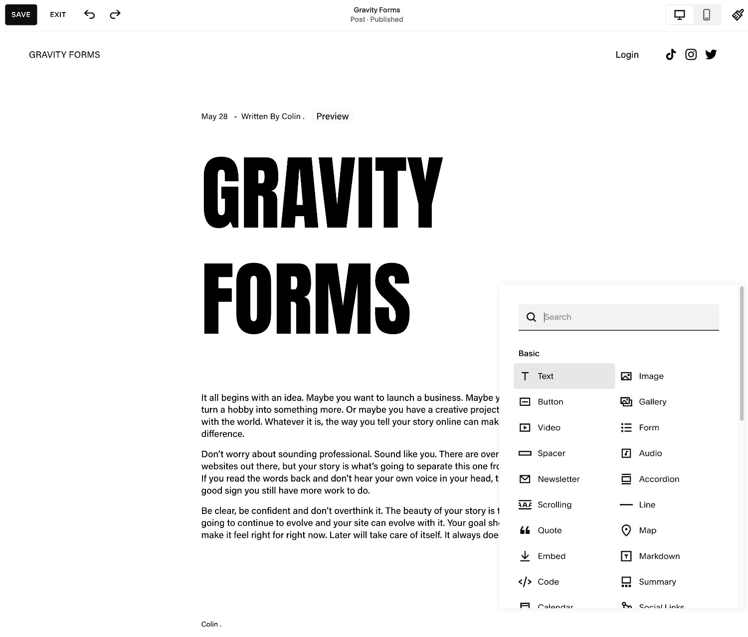 Squarespace text editor
